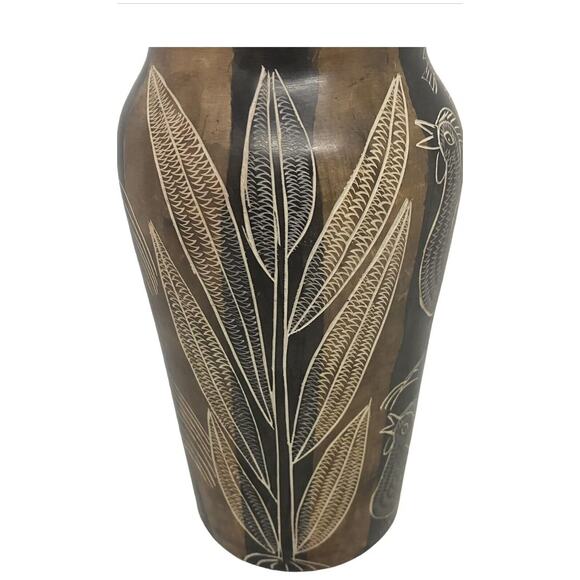 Mid 20th Century Asian Style Hand Carved Soapstone Vase Roosters Fish Plants - Picture 6 of 12